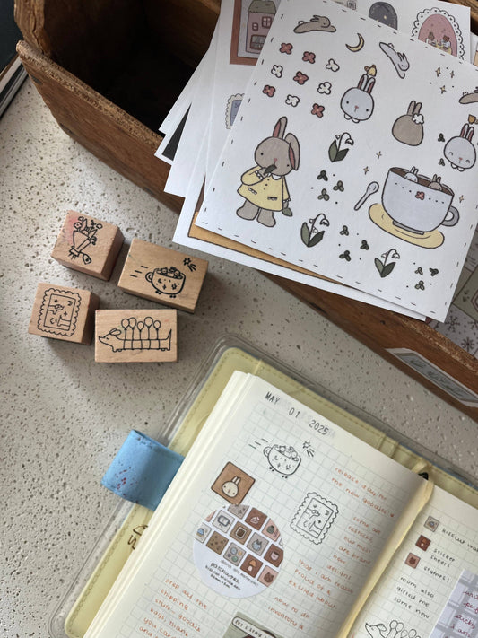 Dana ate oatmeal - cup flying car - wooden stamp